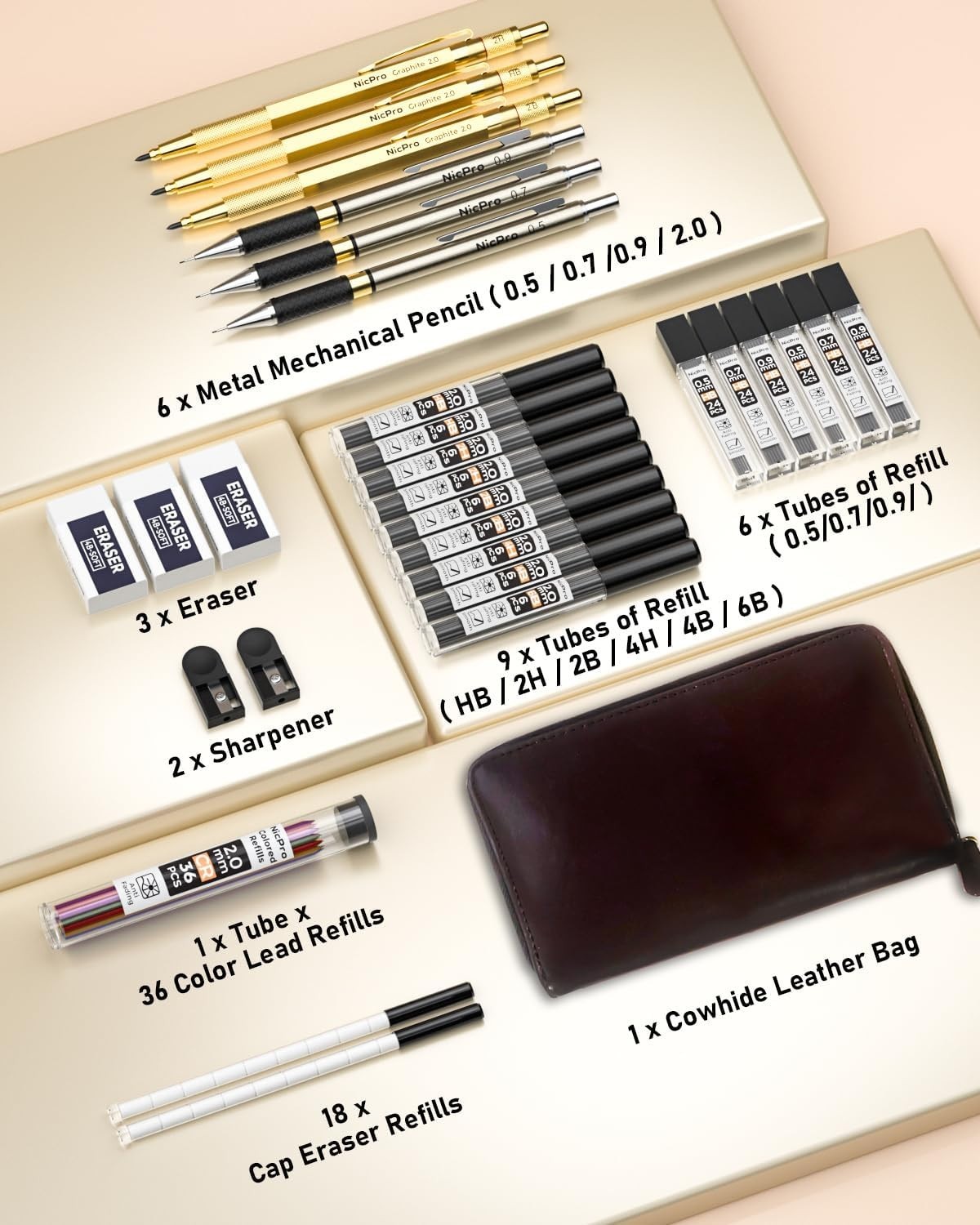Gold Metal Drafting Pencils with 30 Refills in Genuine Leather Case for Drawing