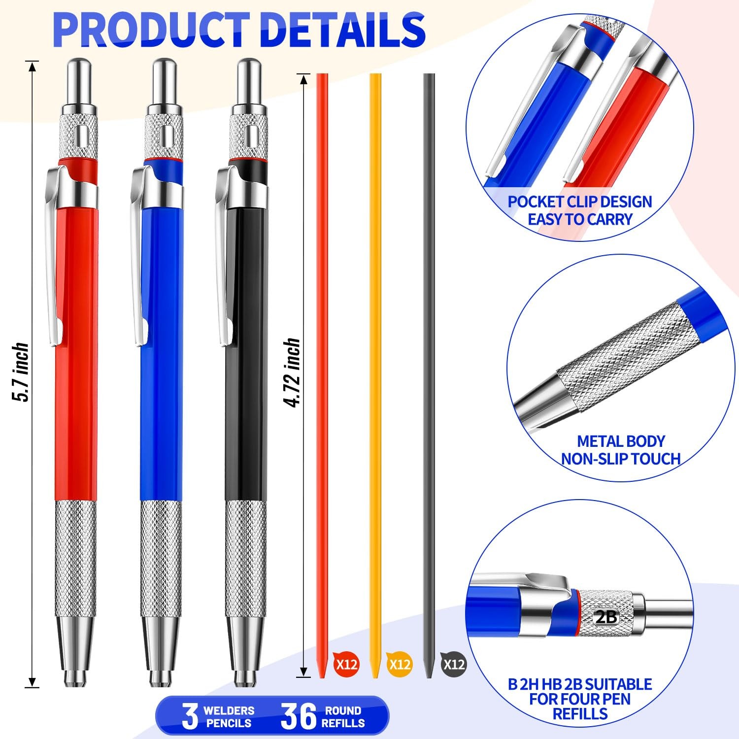 3 Pcs Welders Pencil with 36 Silver Round Refills, BlackRedYellow