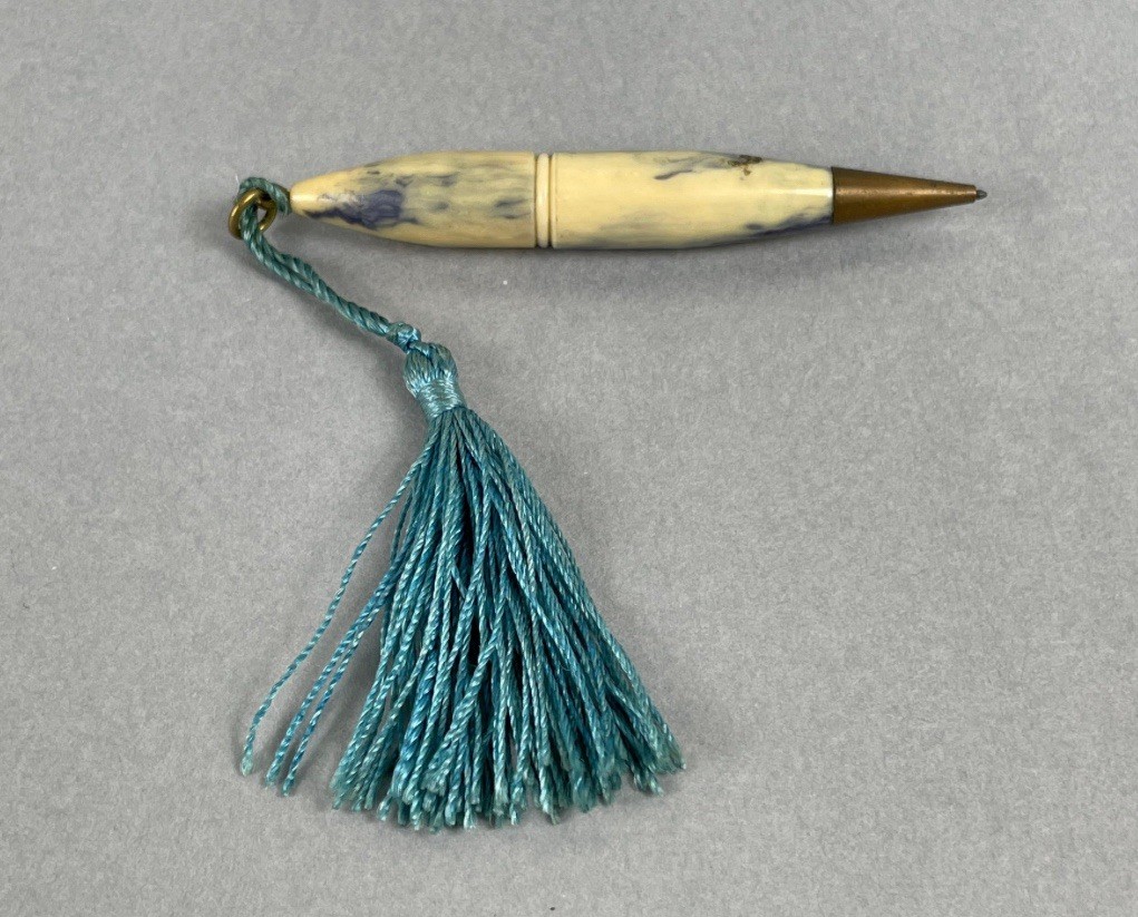 Milky Cream & Teal Polished Brass Trim Ring-Top Working Pencil