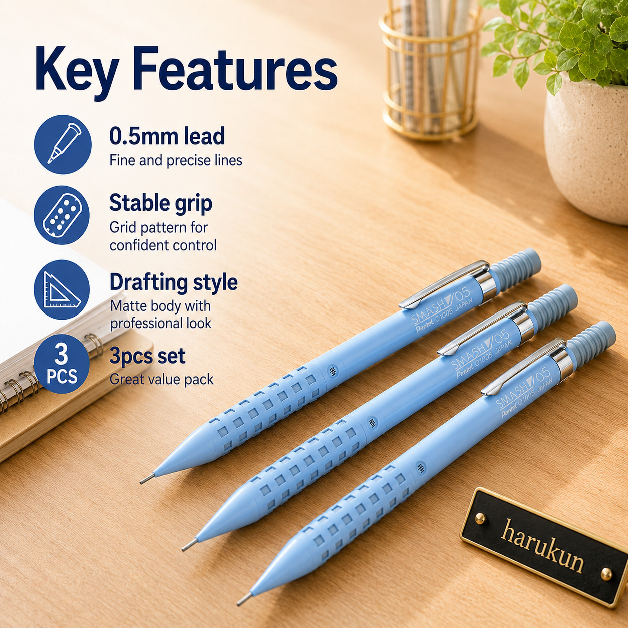 Pentel Smash Q1005-20A Serenity Blue 0.5mm Mechanical Pencil 3pcs Set