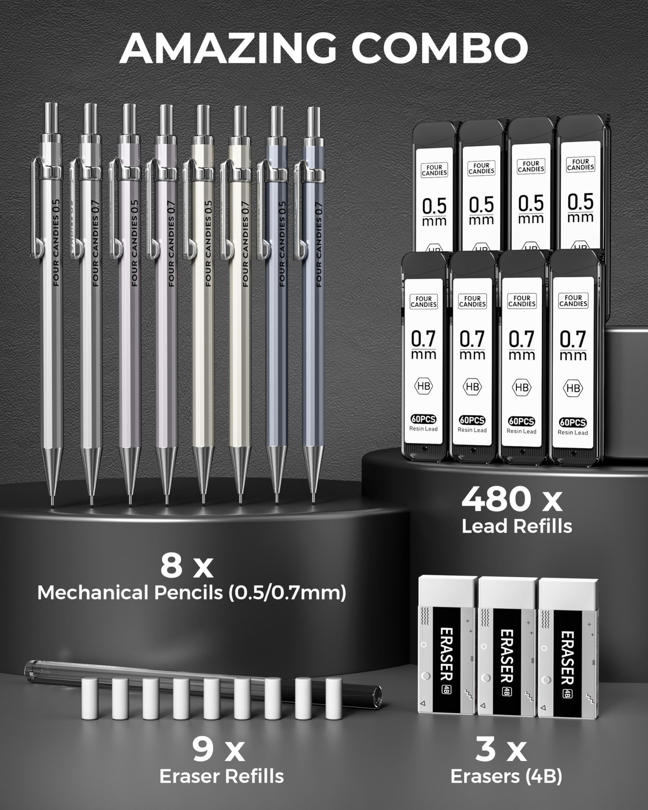 8PCS Metal Mechanical Pencils – 0.5 & 0.7mm with 8 Tubes HB #2 Lead Refills, …