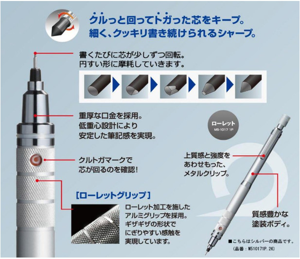 uni kuru toga gun metalic 0.5mm mechanical pencil japan M510171P.43 kurutoga bla