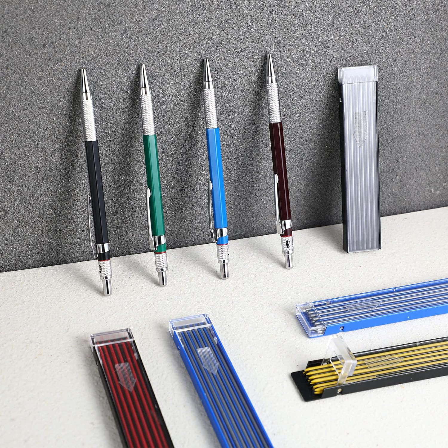 4 Pieces Welder Pencil with 60 Pieces round Refills Mechanical Pencil Metal Mark