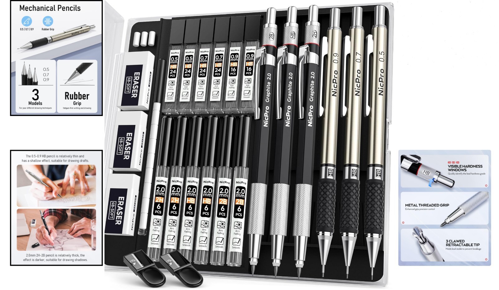 6PCS Mechanical Pencil Set: 0.5mm to 2mm with Lead Refills & Case