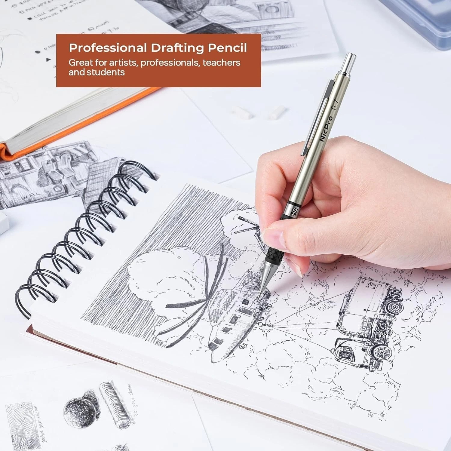 Professional 6PCS Art Mechanical Pencil Set & Graphite Lead Holders for Drawing
