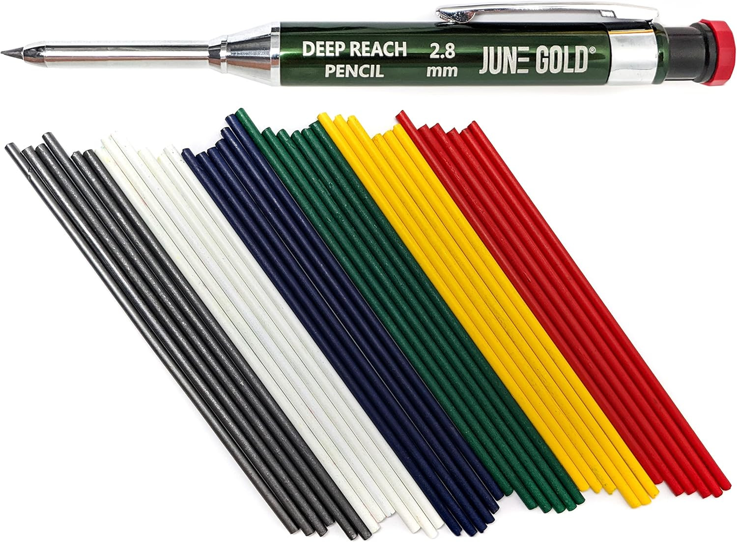 June Gold 2.8 Mm Deep Reach Metal Carpenter Pencil, 36 Colored Refills, 6 Colors