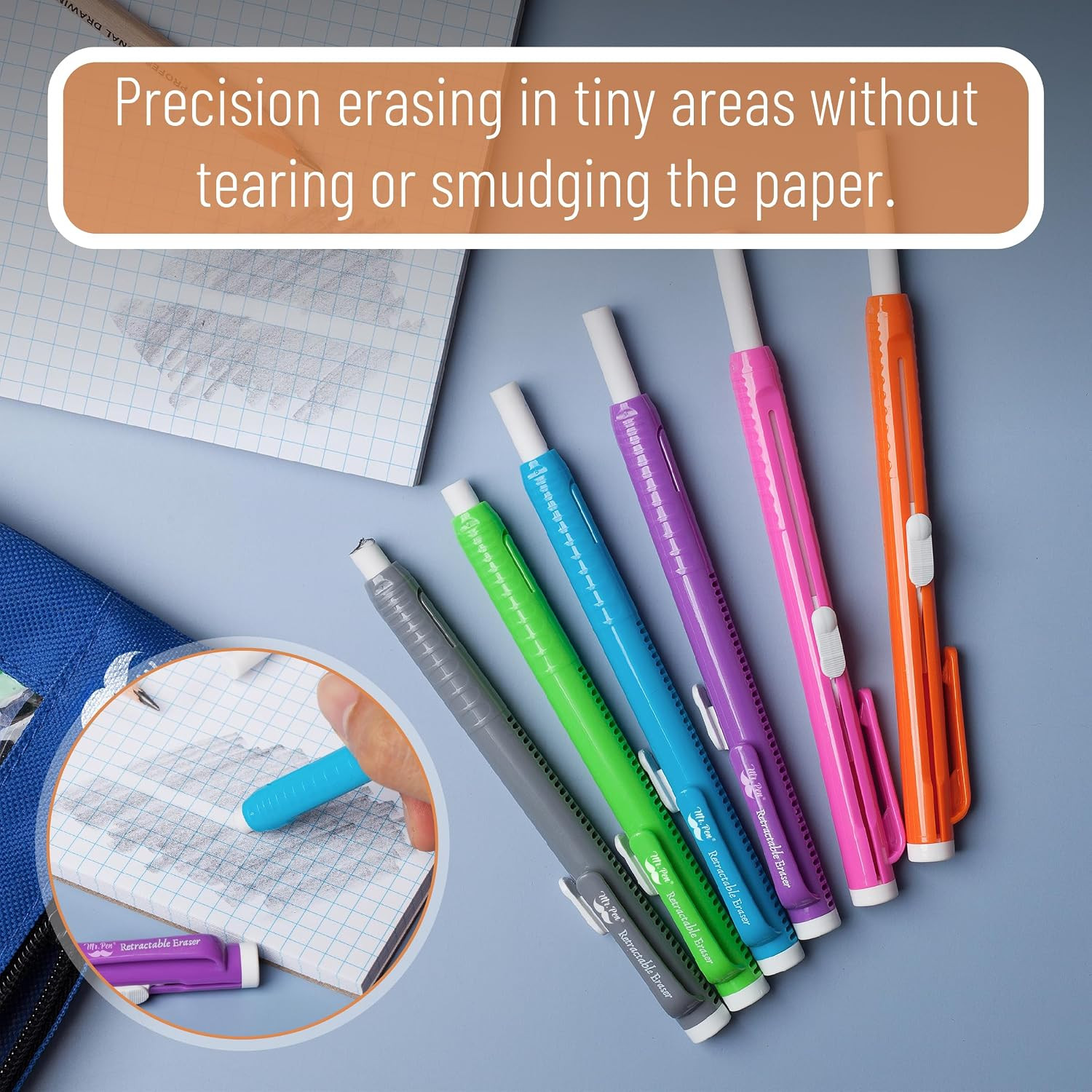 – Retractable Mechanical Eraser Pens, 6 Pack, Vibrant Colors, Latex-Free Precisi