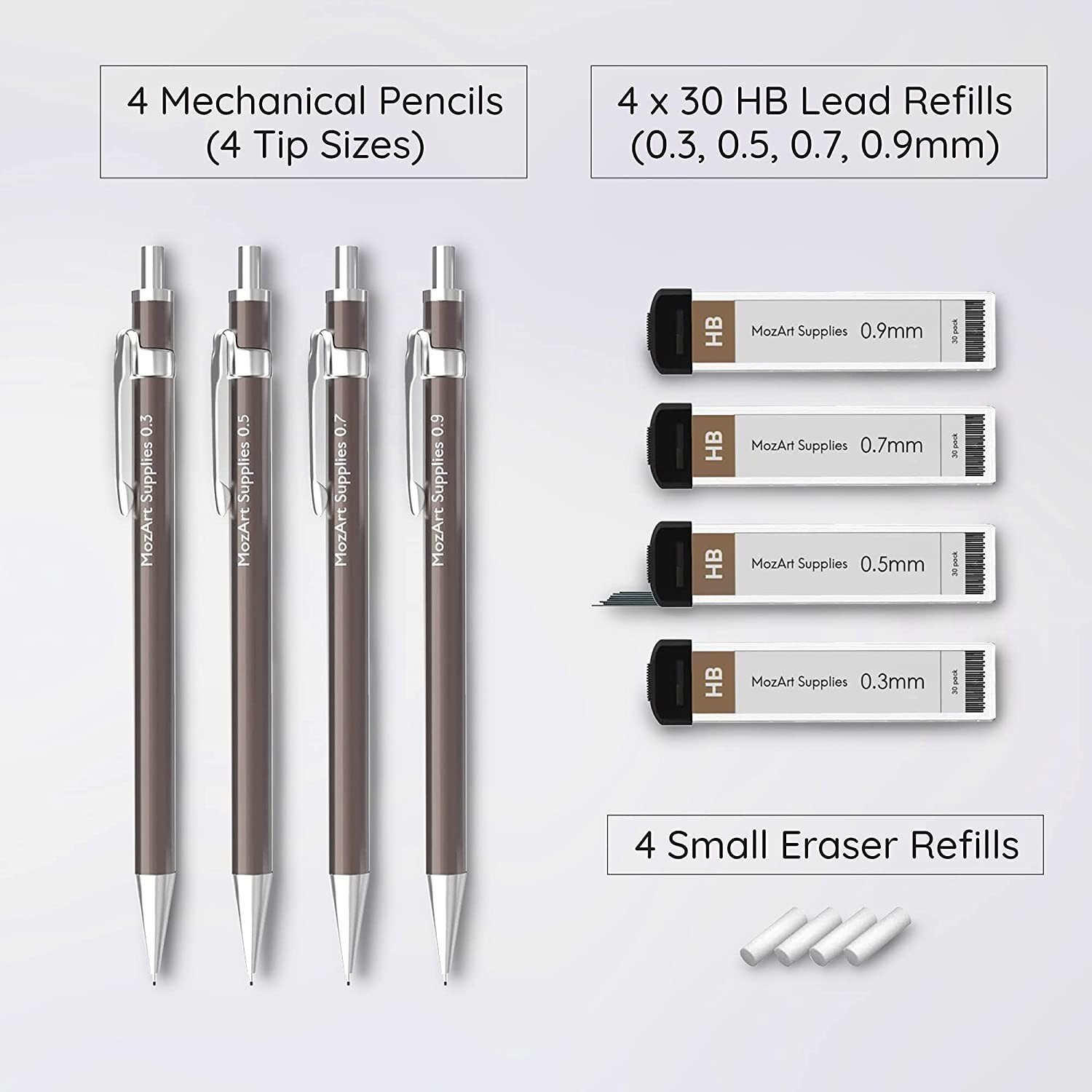 MozArt Mechanical Pencil Set with Case – 4 Sizes: 0.3, 0.5, 0.7 & 0.9mm with 30