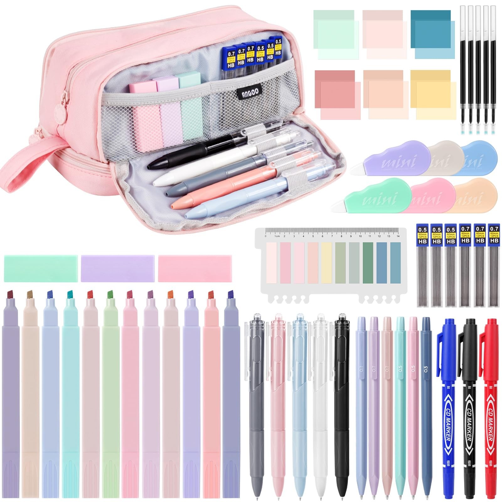 54 PCS Aesthetic School Supplies Mechanical Pencils Gel Pens Markers Case Kit