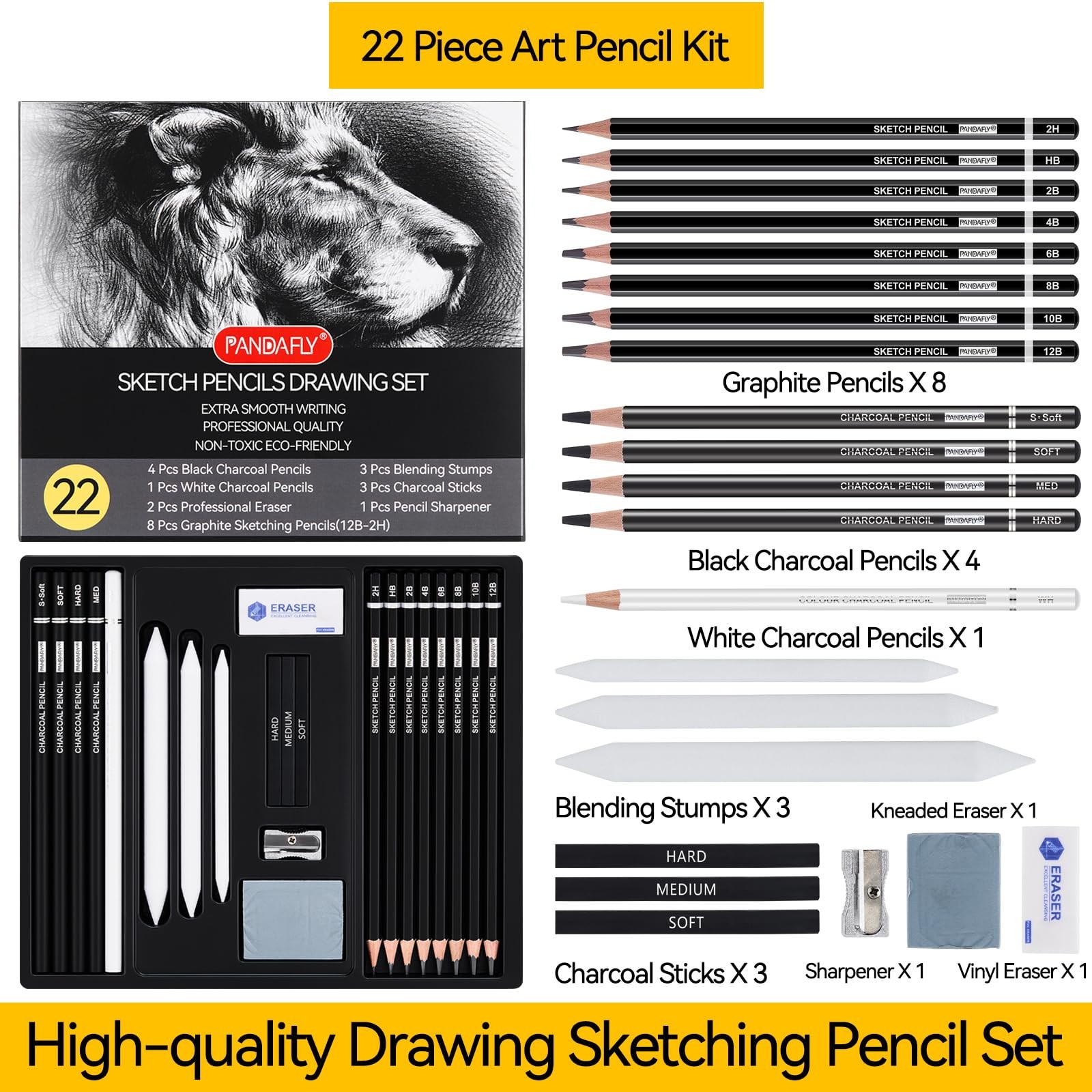PANDAFLY Drawing Sketching Pencil Set, 1 Count (Pack of 22), 22 Pack – Black