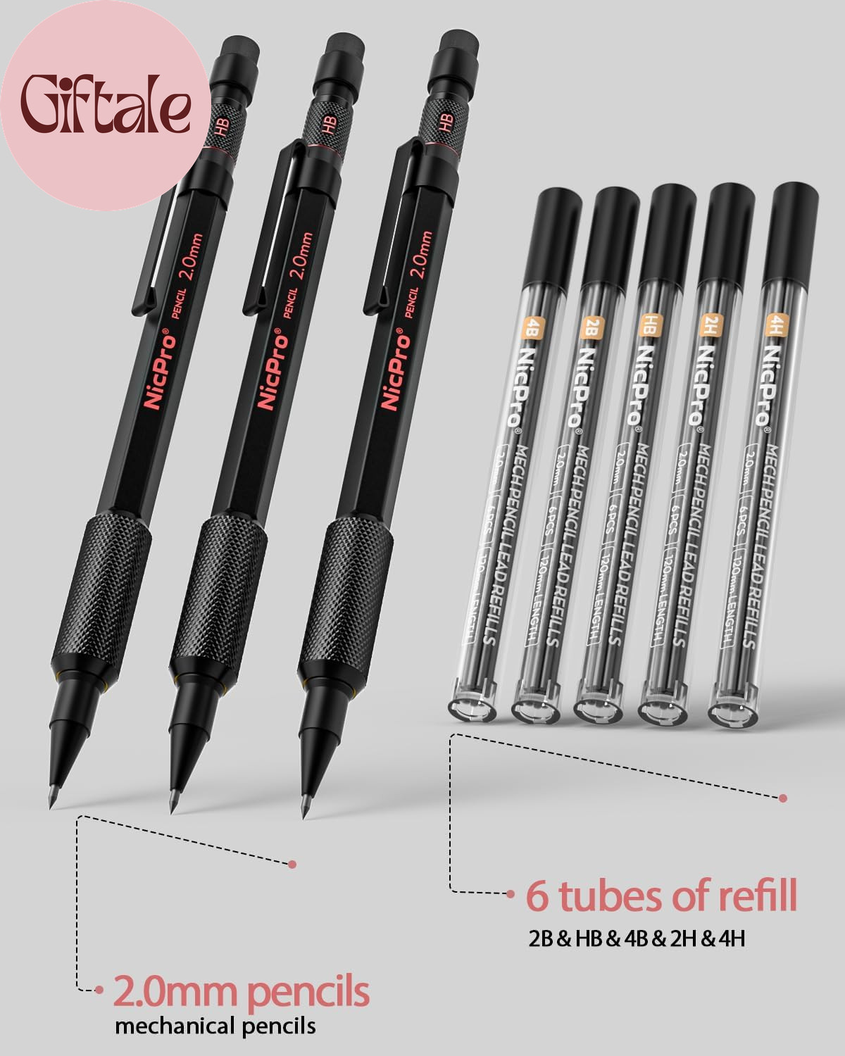 3 Pack 2Mm Mechanical Pencils Set with Case, 33 Graphite Lead Refills (4B 2B HB