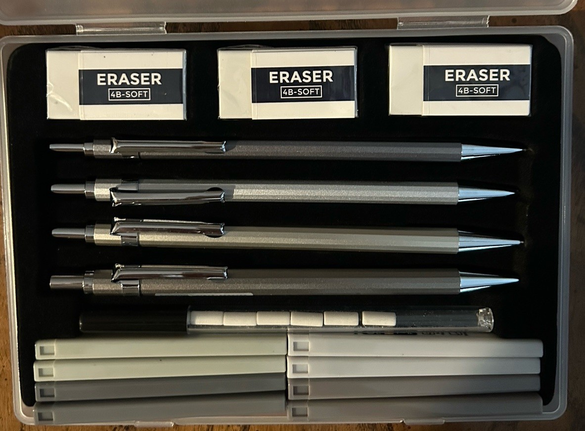 Brand New! 4 Metal Mechanical Pencil Set .7 mm 8 Tubes with Case!