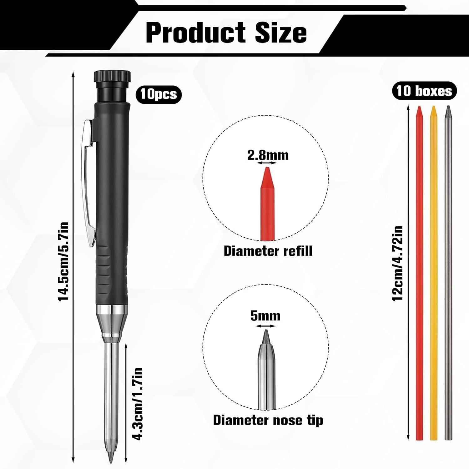 10 Pcs Solid Carpenter Pencils with 60 2.8mm Refills, Needle Nose Tip …