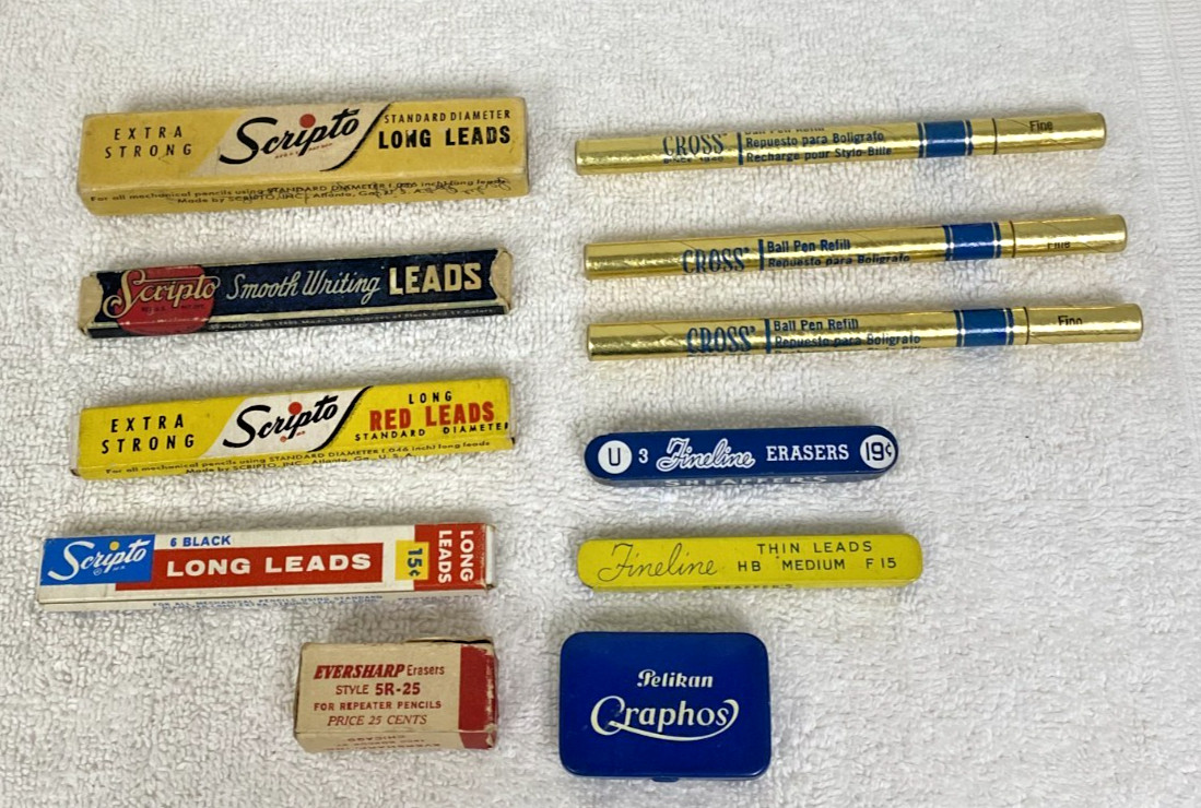 11 Vintage Pencil Leads Erasers Pen Refills Tins Boxes Scripto Sheaffers Cross