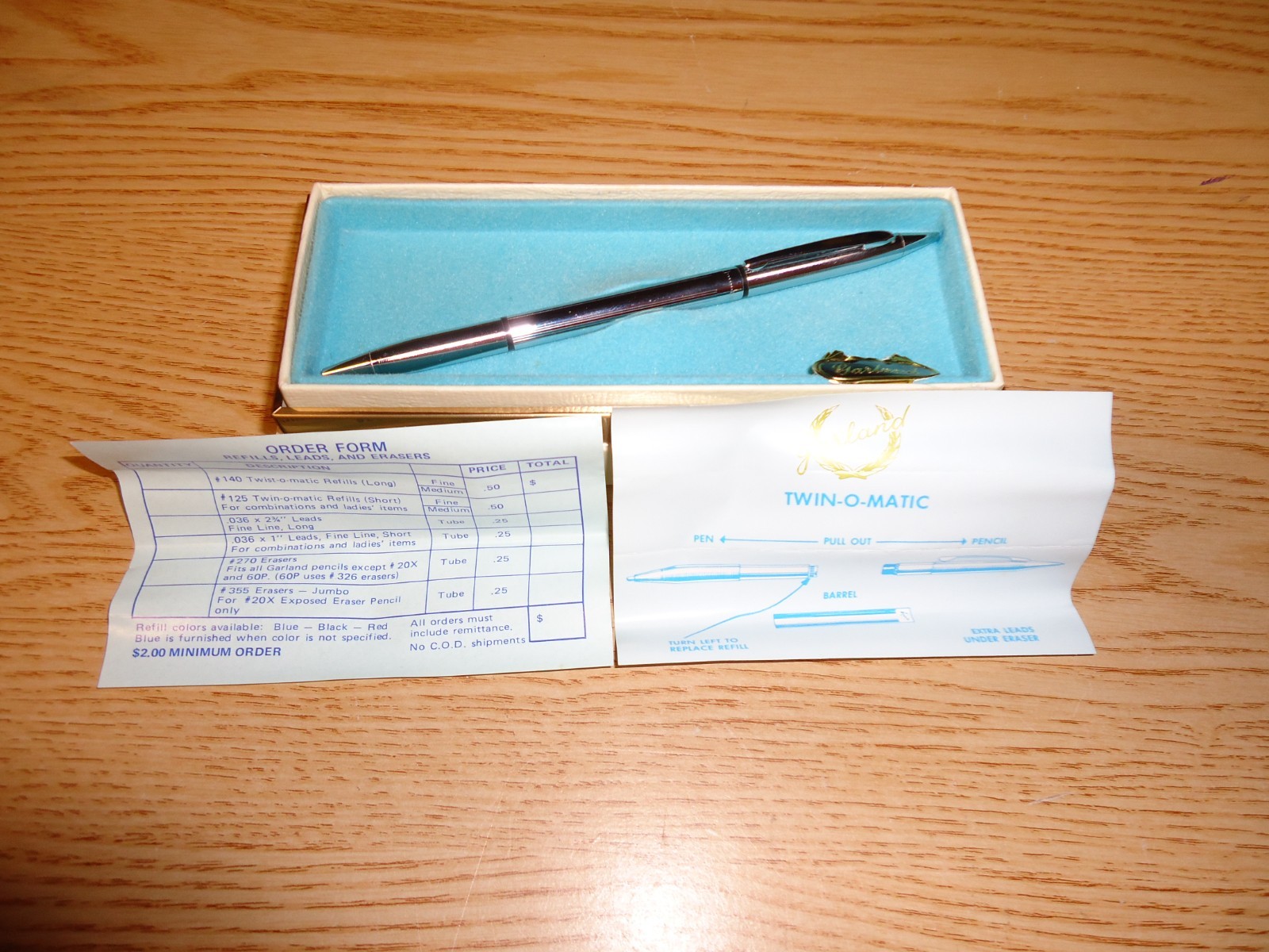Vintage Garland Twin-O-Matic # 250 / Mechanical Pencil & Pen Chrome Original box