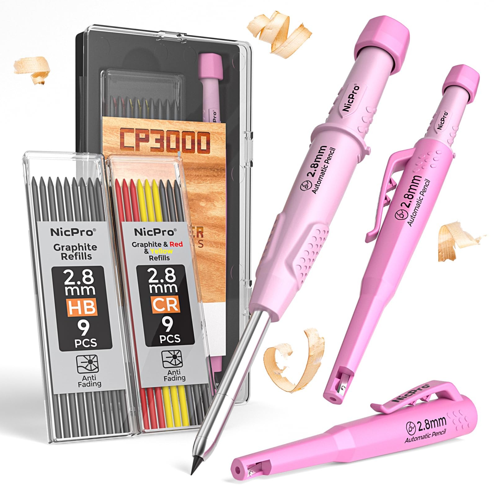 Nicpro CP3000 Carpenter Pencil with Sharpener, Construction Mechanical Pink
