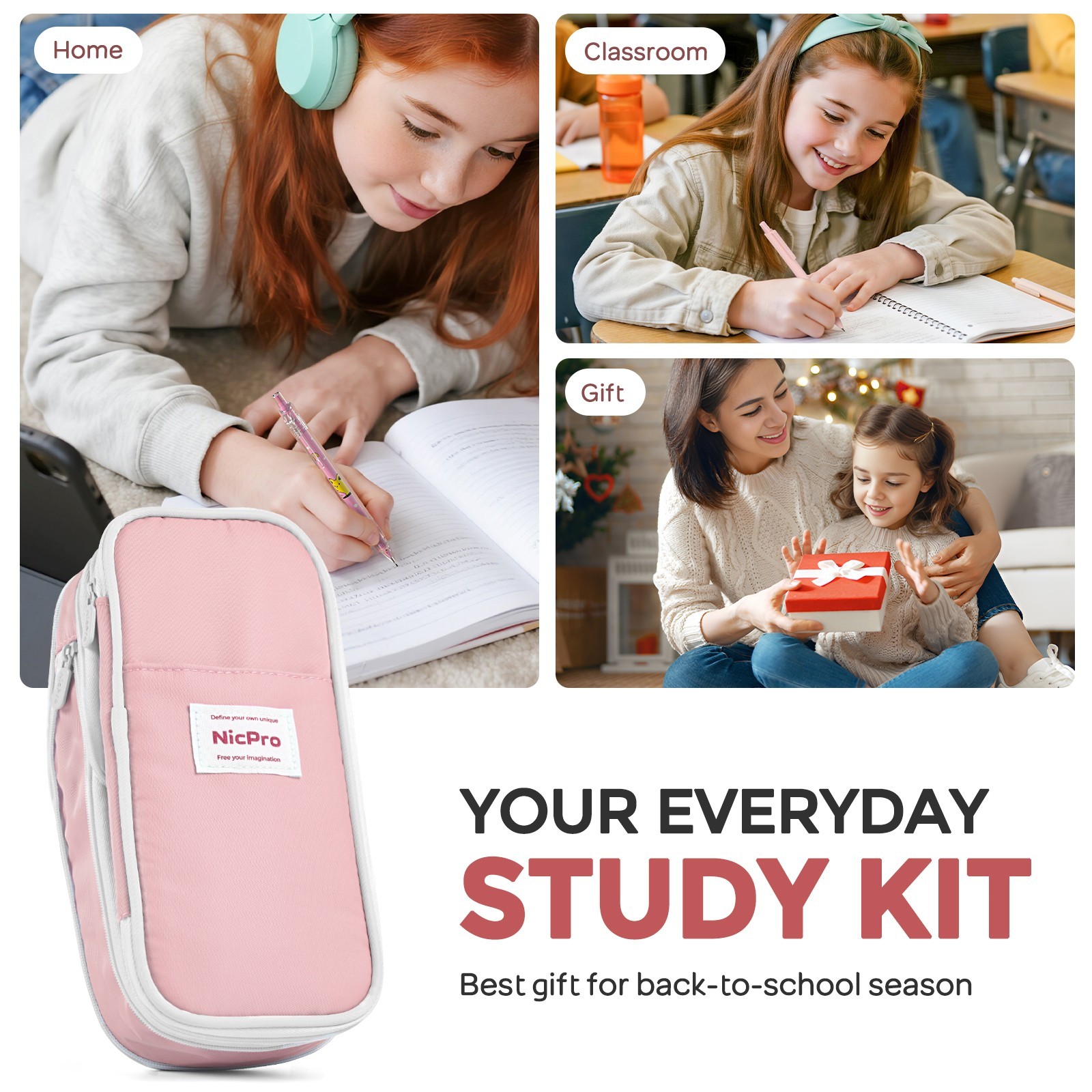 Nicpro 45PCS Aesthetic School Supplies, Pink Case, Pastel Pencils 0.5-2mm