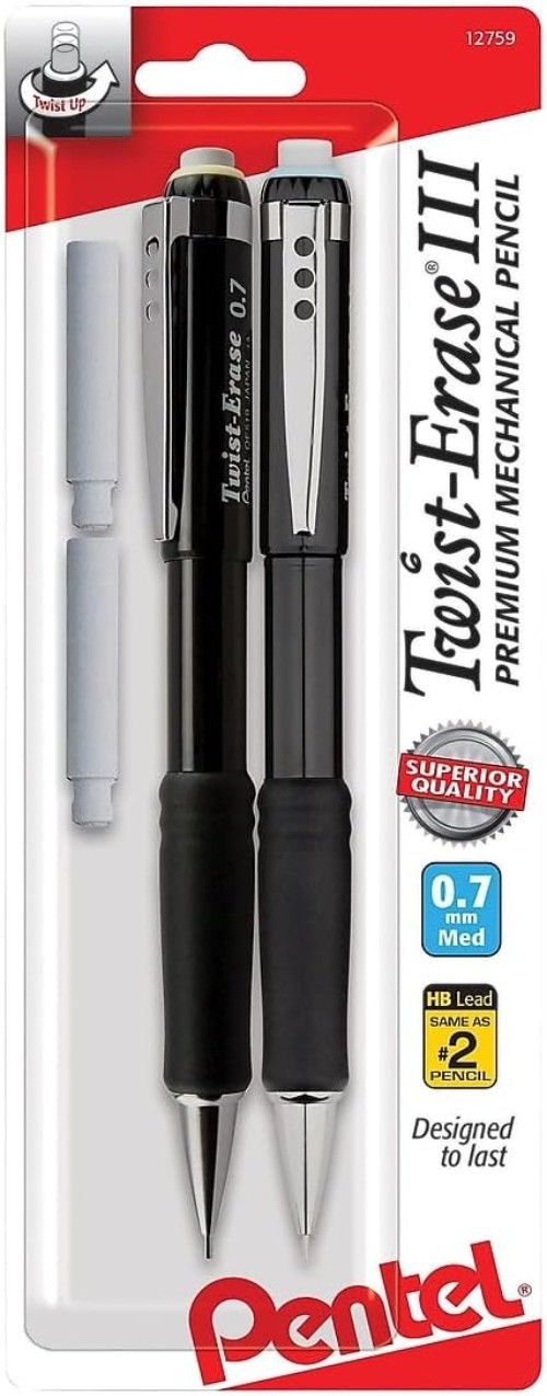 Twist-Erase III 0.7mm Pencils – Ergonomic Grip & 2 Refills for Precision Writing
