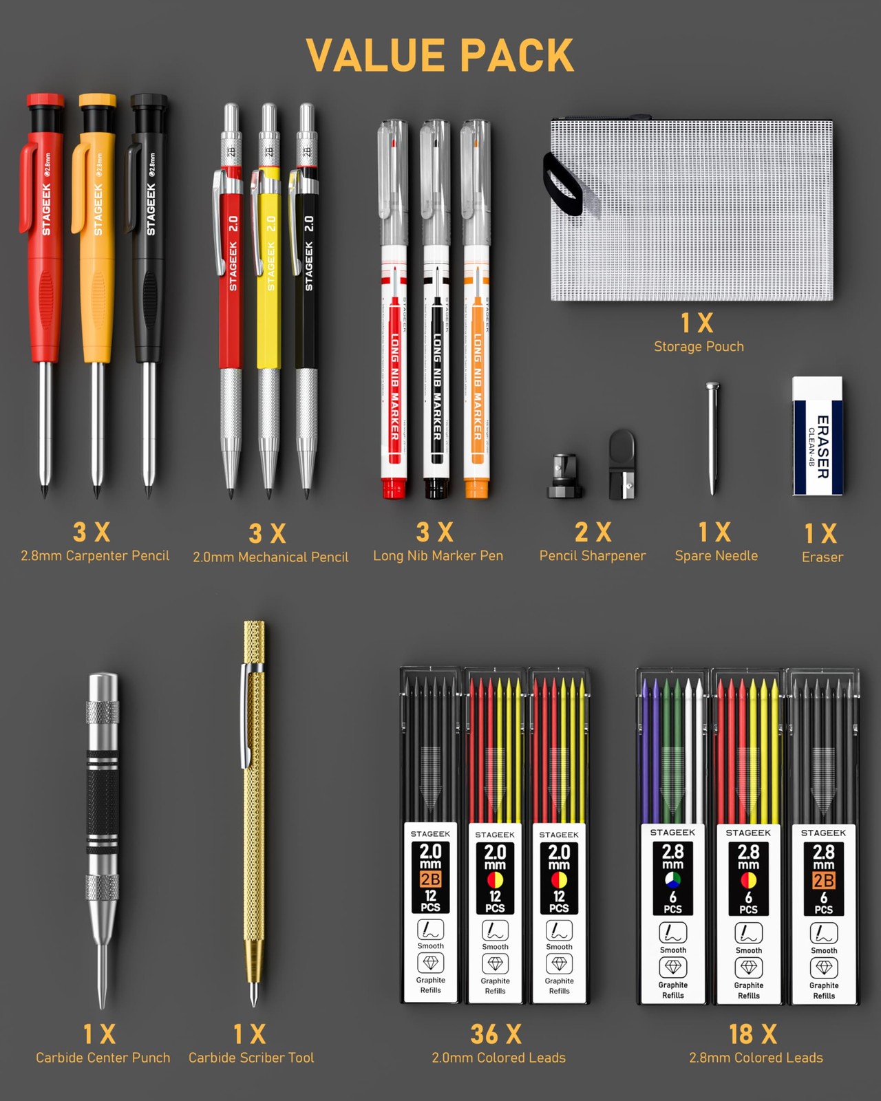 22 Pack Mechanical Carpenter Pencil Set with Sharpener 60 Refills, Automatic …