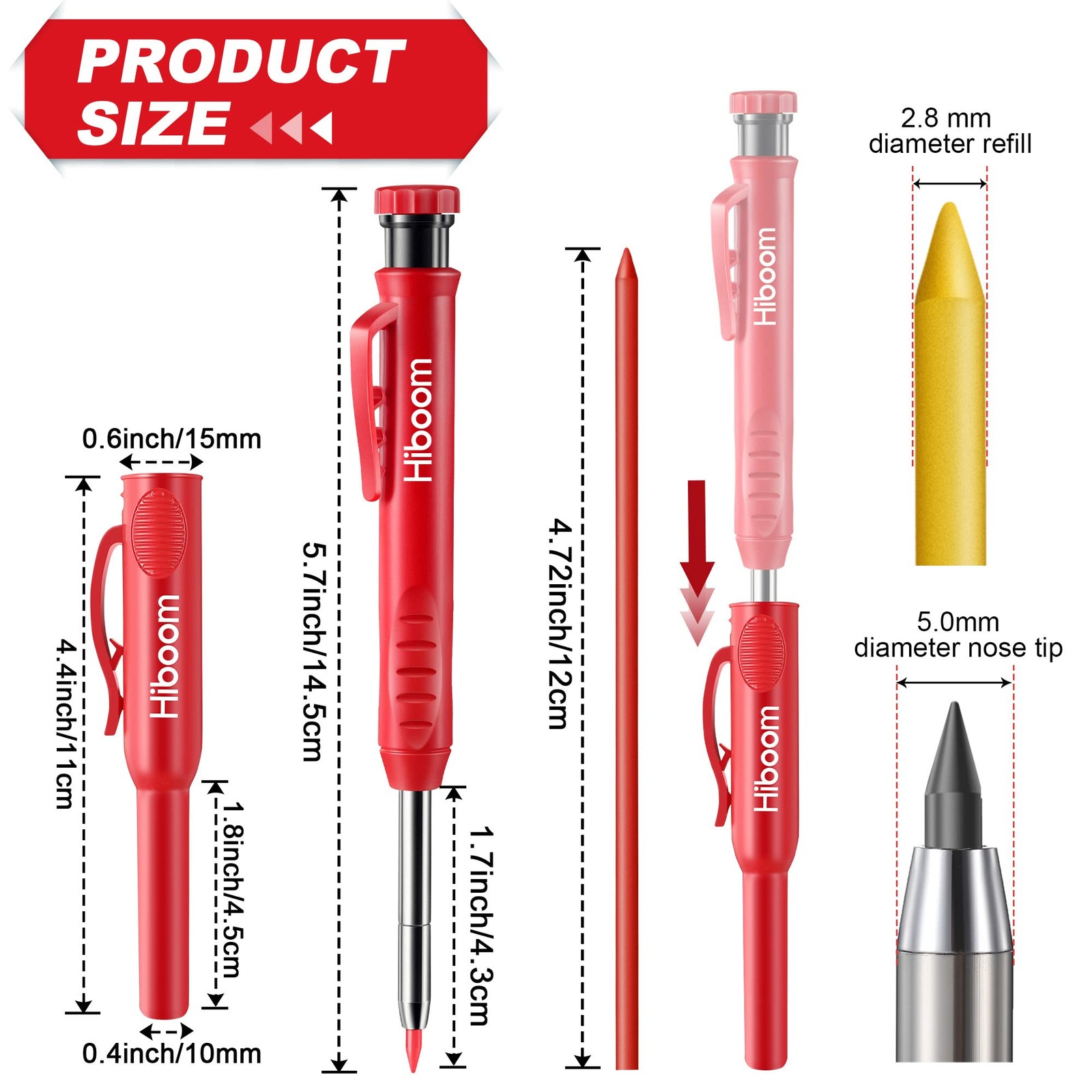 Hiboom 3 Pack Carpenter Pencils Set with 24 Refills, 2.8 mm Gray,Yellow