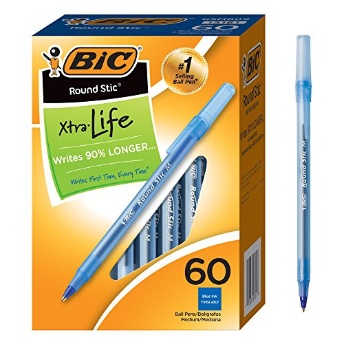 Round Stic Xtra Life Ballpoint Pen, Medium Point (1.0mm), Blue, Flexible