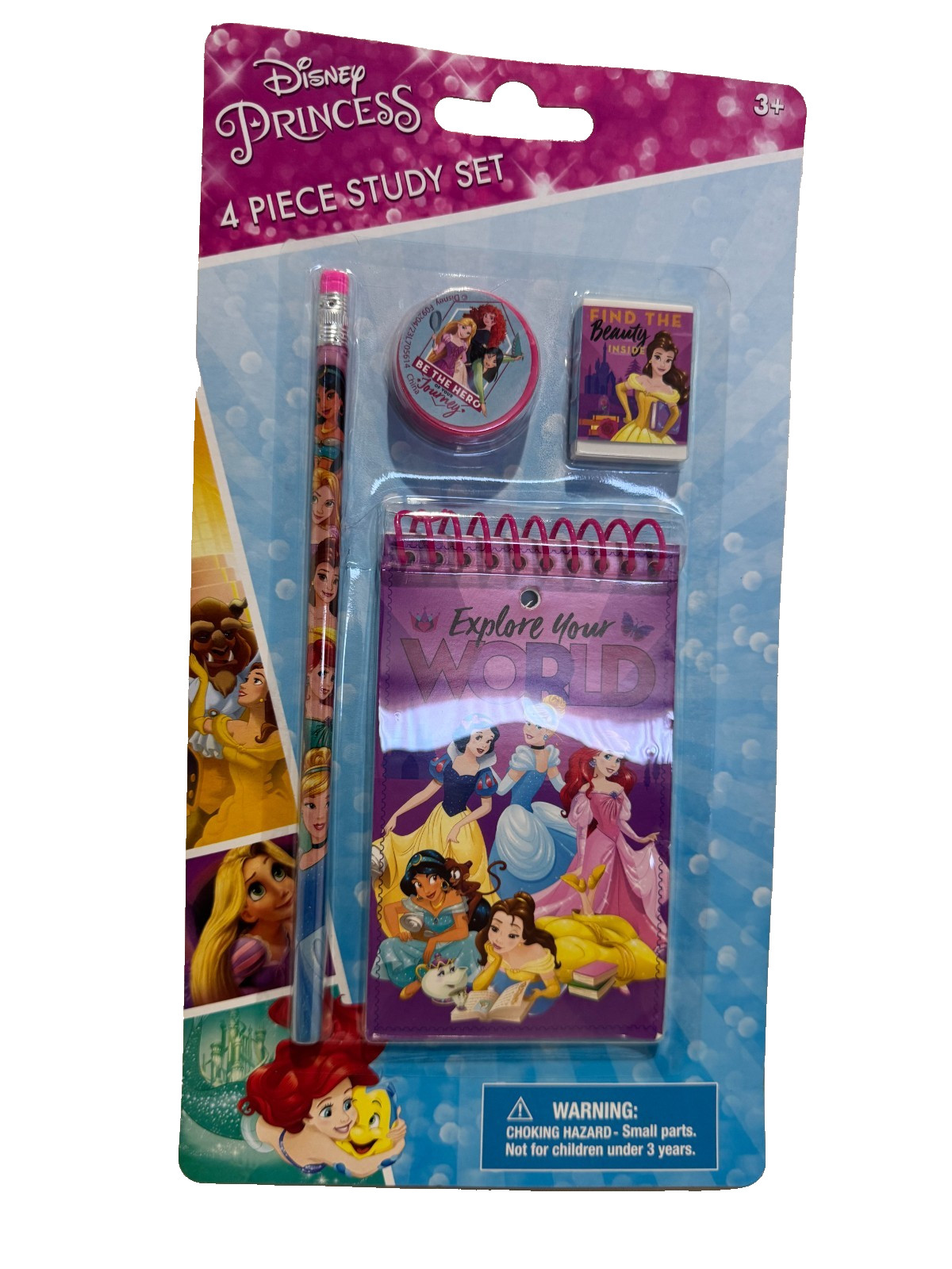 2 Pack Princess 4 Piece Study Set, Pencil, Memo Pad, Eraser & Sharpener