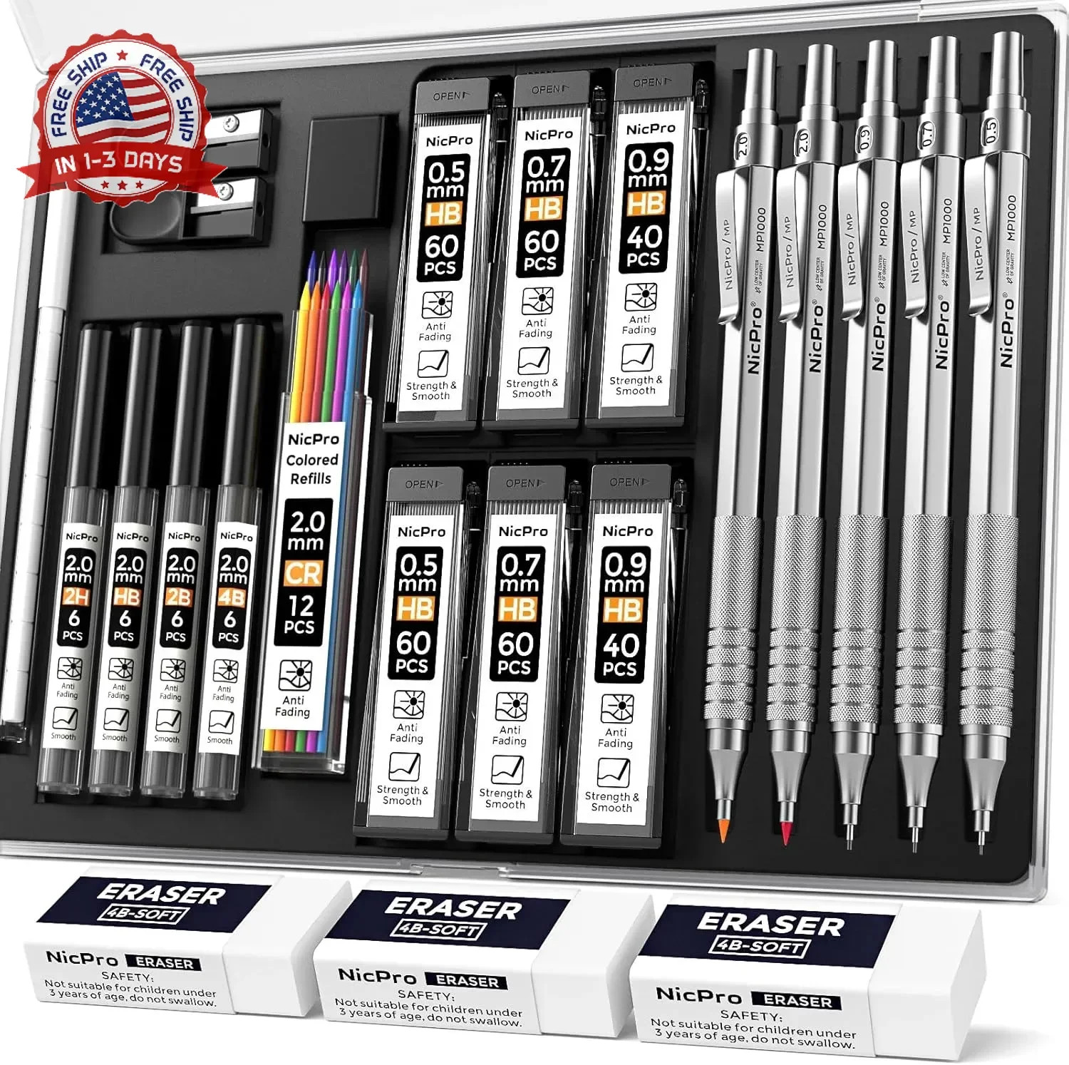 Nicpro 22PCS Metal Mechanical Pencil Set in Case, Art Drafting Pencil 0.5, 0.7,