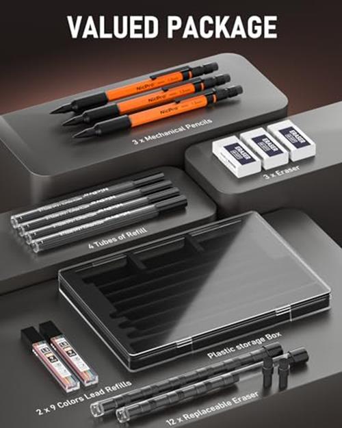 Nicpro 3 PCS 1.3 mm Orange Mechanical Pencils Set with 66 Lead Refill, 3