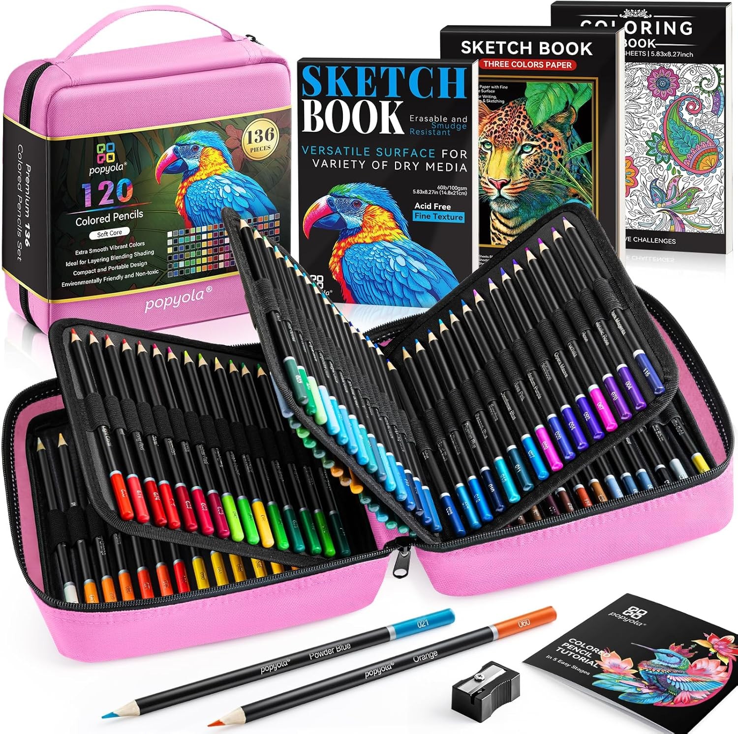 Art Supplies 136 Pack Colored Pencils Set for Adult Coloring Books, 120 Pink
