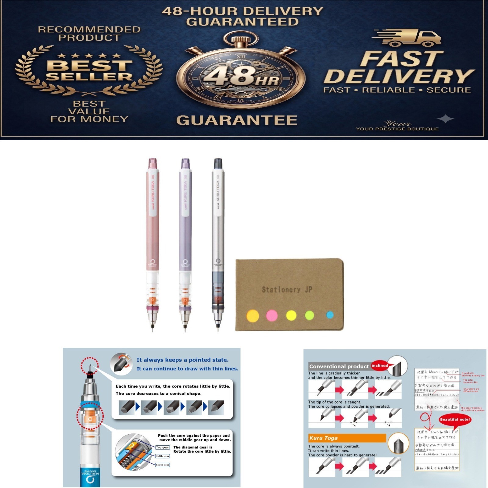 Kuru Toga Mechanical Pencil 0.5mm – Auto Lead Rotation – 3-Pack
