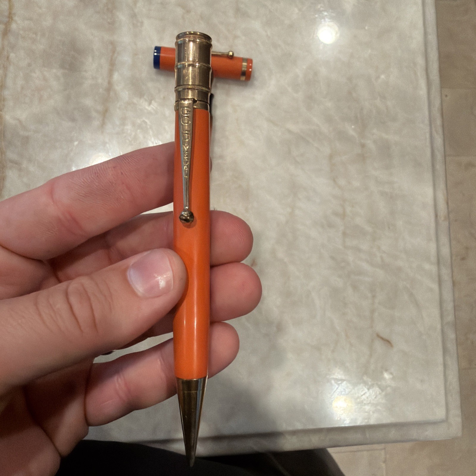 Gold Medal Vintage Red Orange Hard Rubber Pencil And Oversized Fountain Pen Set