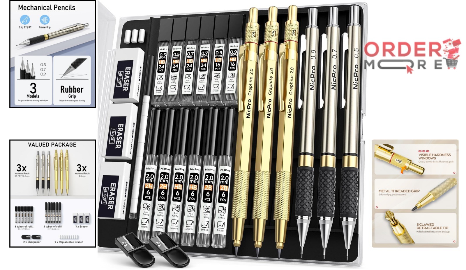Gold Metal Mechanical Pencil Set 0.5mm to 2mm Lead Refills Drawing Sketching