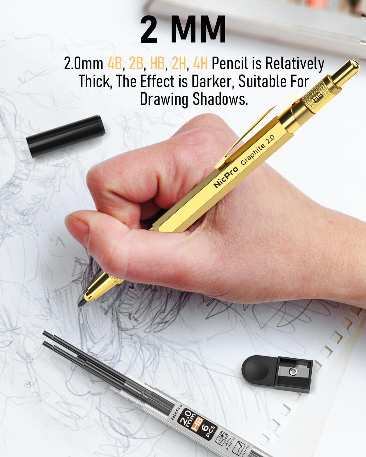 Gold Metal Drafting Pencils with 30 Refills in Genuine Leather Case for Drawing