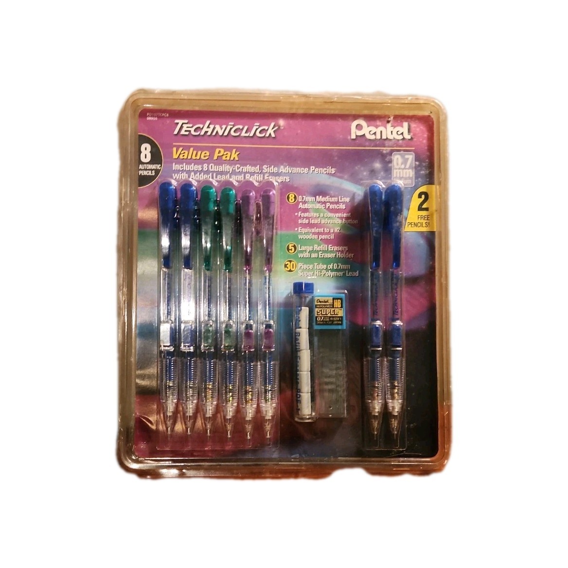 8 Pack Pentel Techniclick 0.7mm Mechanical Pencils PD107T Lead Erasers