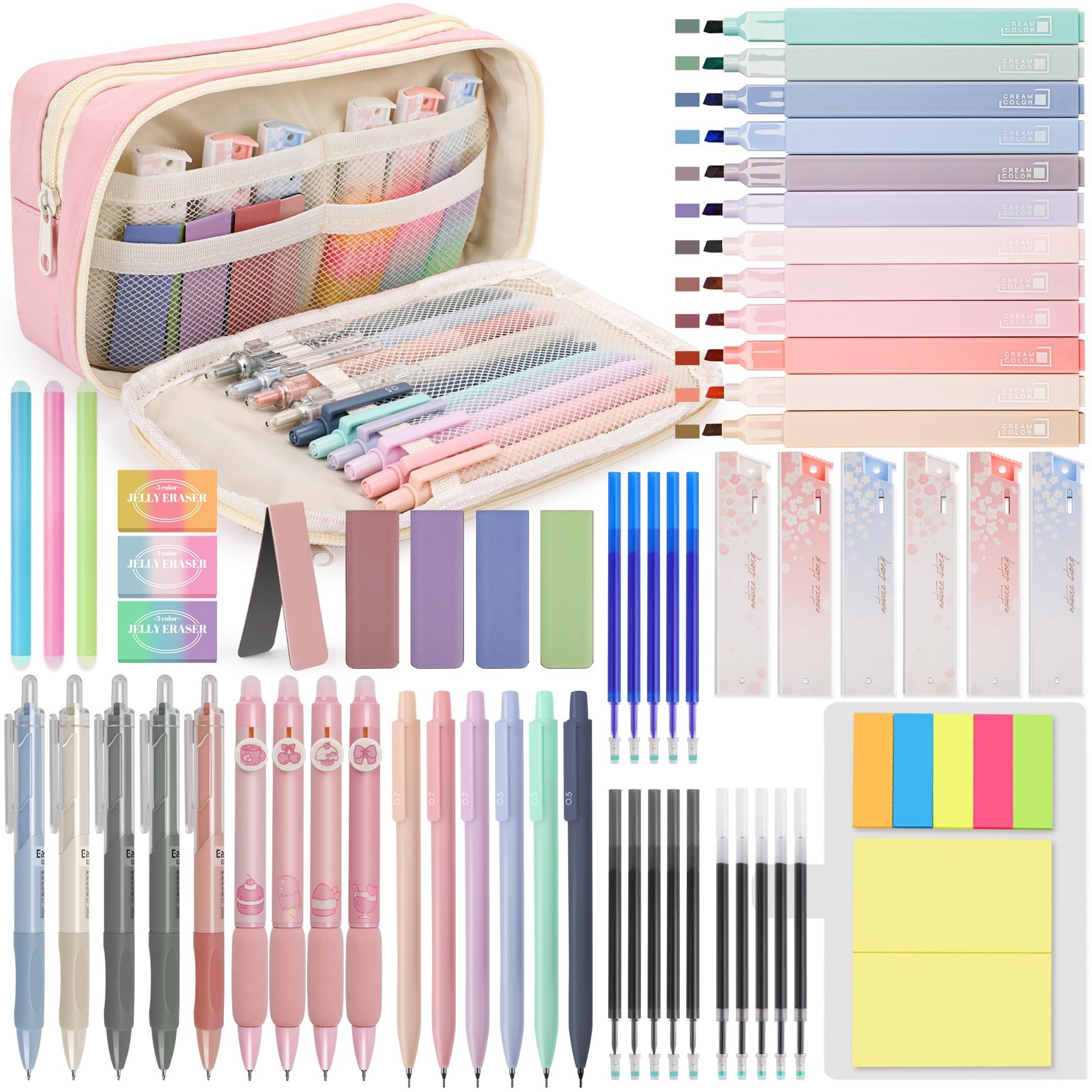 61 PCS Aesthetic School Supplies with Cute Pencil Case Pastel Highlighters Ge…
