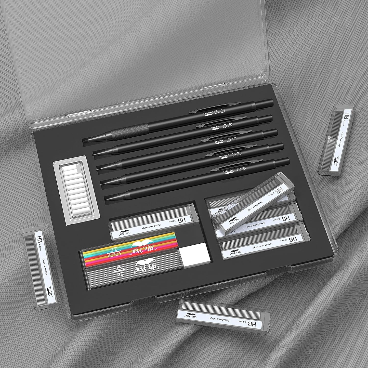 Mr. Pen- Metal Mechanical Pencil Set with Lead and Eraser Refills, 5 Sizes, Blac