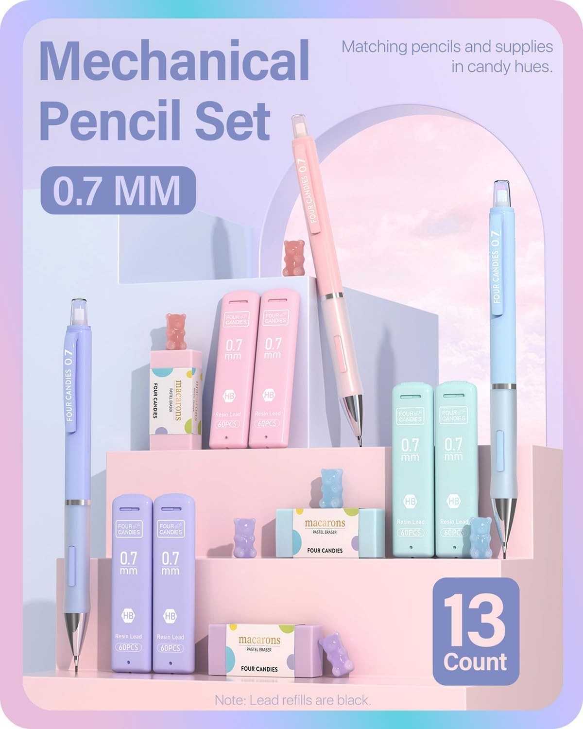 Versatile Mechanical Pencil Set with 360 Refills & Pastel Erasers for All Ages