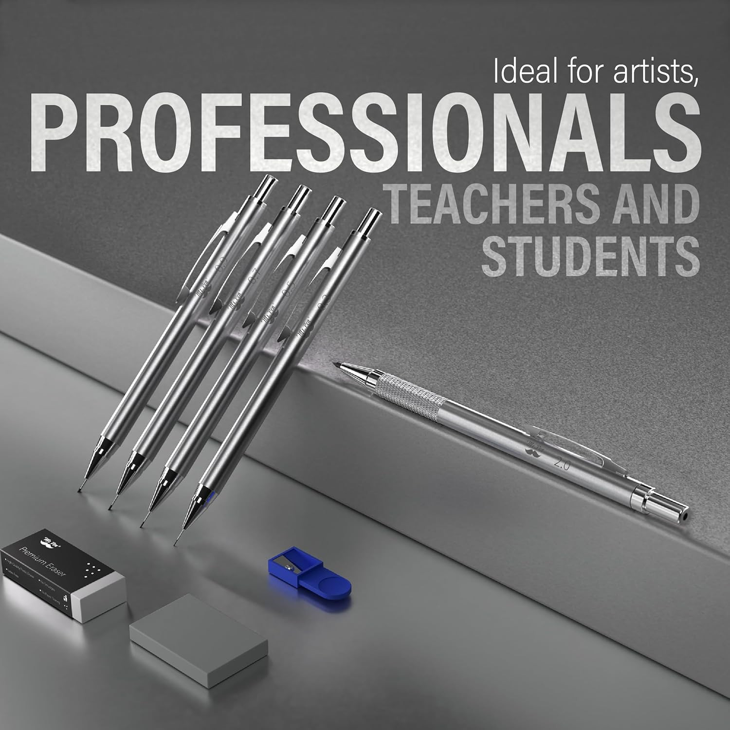 – Metal Mechanical Pencil Set in Leather Case, 5 Sizes, 0.3, 0.5, 0.7, 0.9, 2Mm,