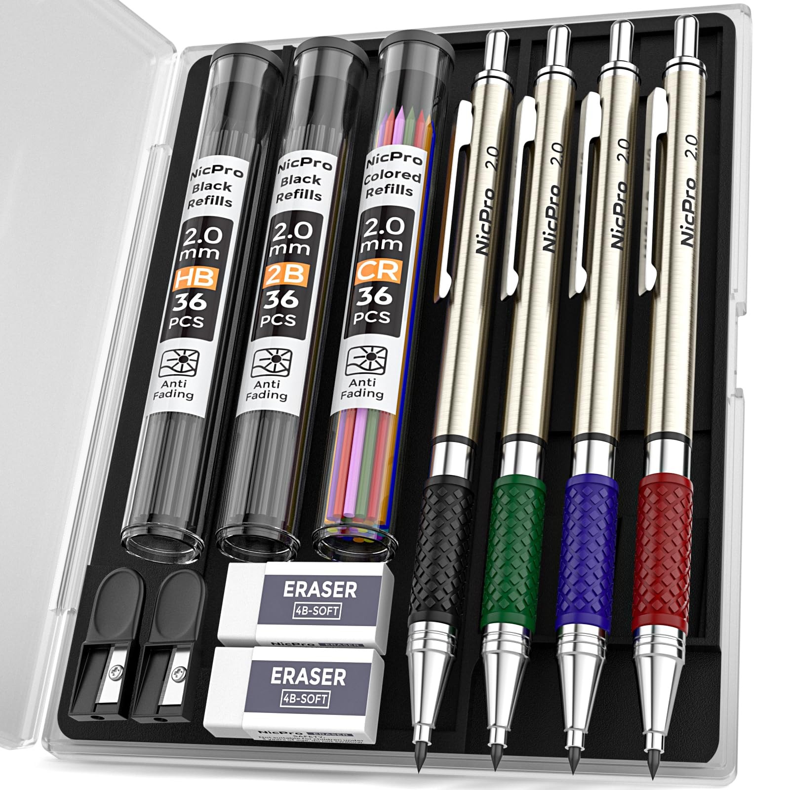 Nicpro 4 PCS Premium 2.0 mm Mechanical Pencils Set, 108 Colored & 4 PCS, Gold