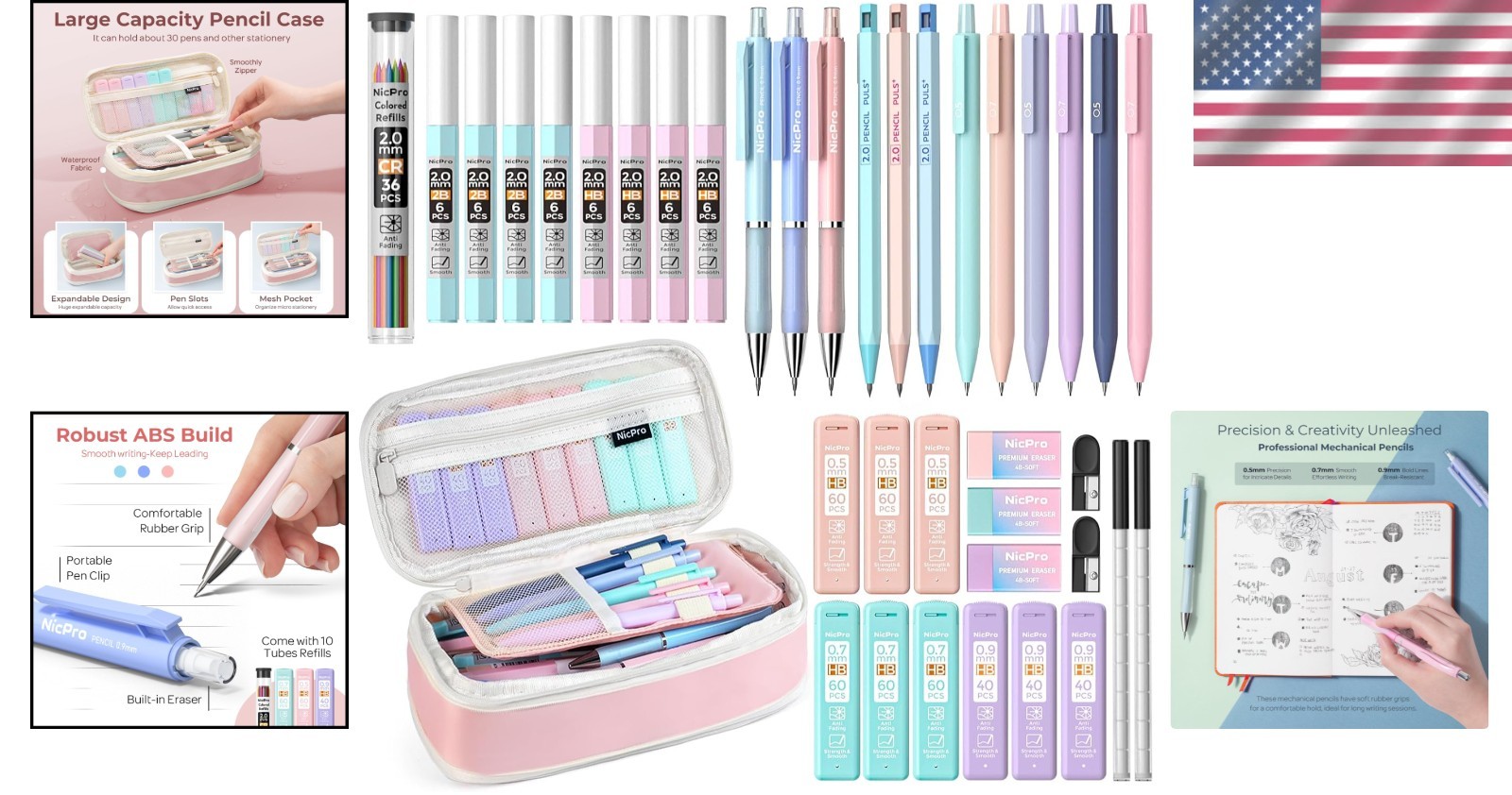 38PCS Aesthetic Pastel Mechanical Pencil Set with 564 Lead Refills – Pink Case
