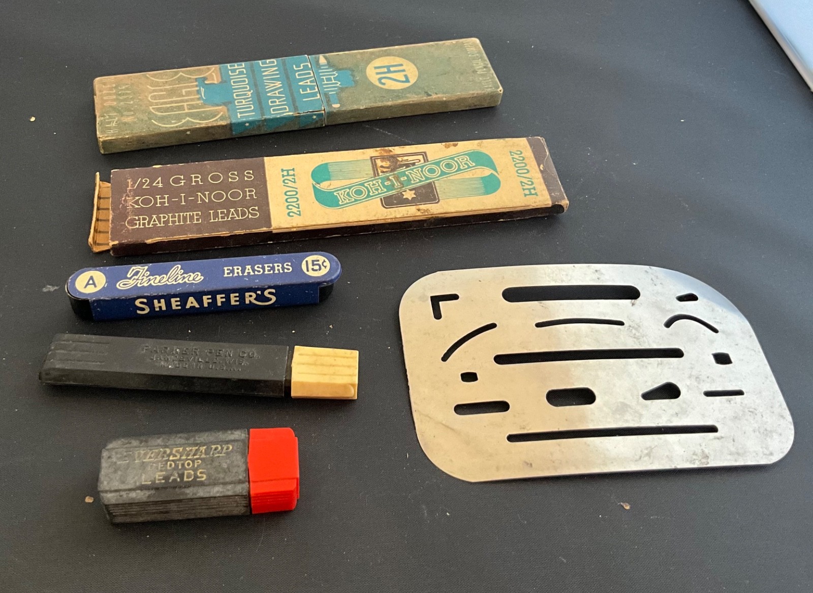 MIXED LOT OF VINTAGE MECHANICAL LEADS, ERASING SHIELD, ERASERS W/VINTAGE TIN