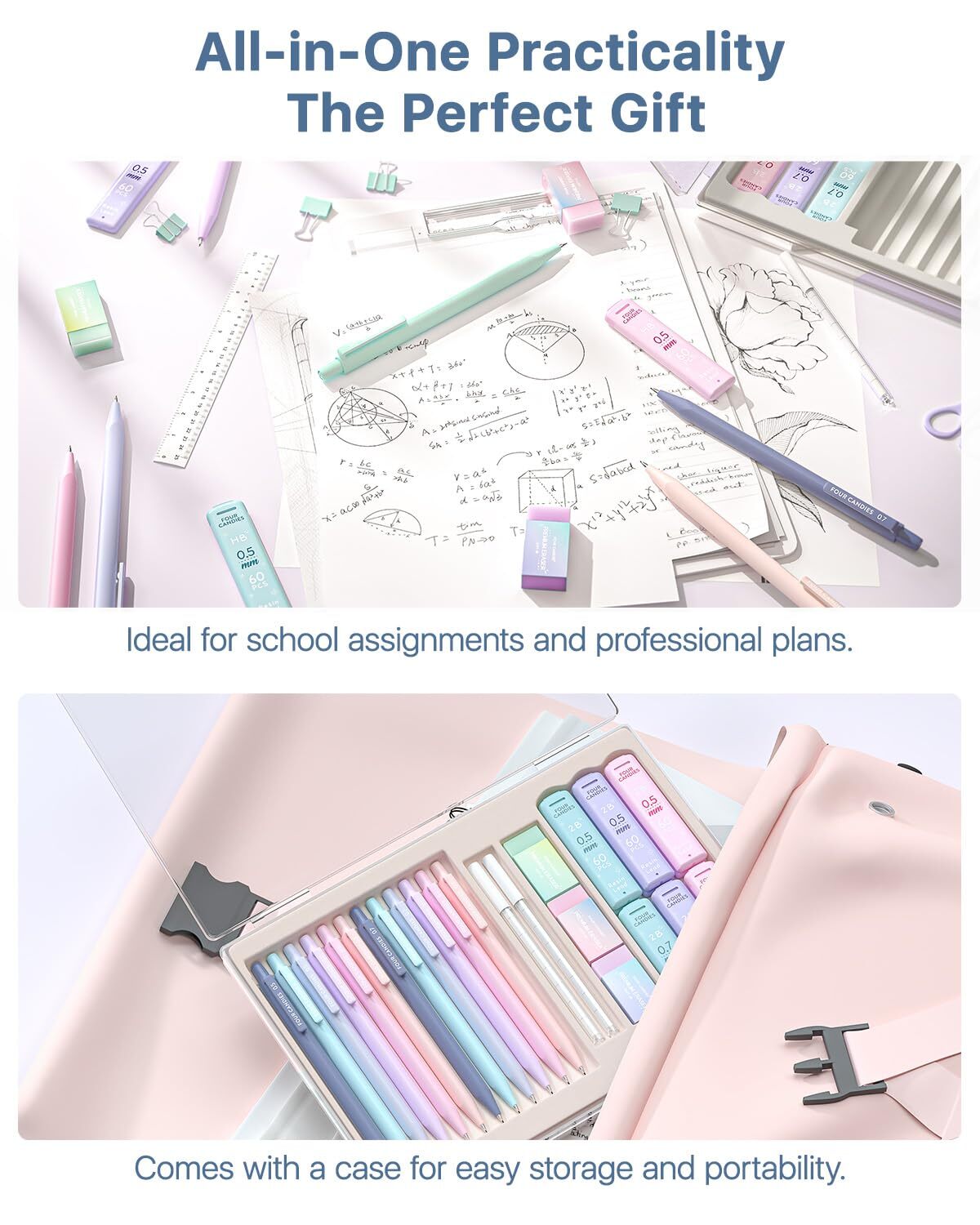 Mechanical Pencil Set with 0.5 & 0.7mm Lead Refills HB & 2B Pastel Erasers & …