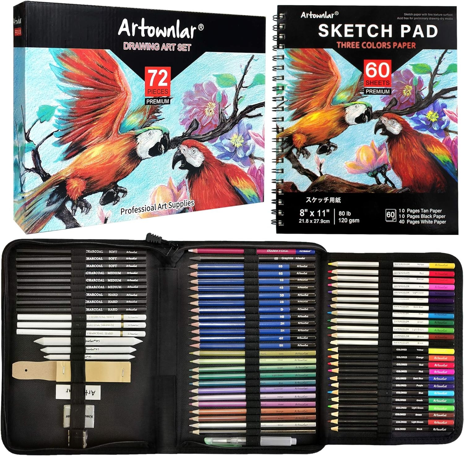 Artownlar 72 Pack Drawing Sketching Set with 8×11 Sketchbook | Pro Multicolor