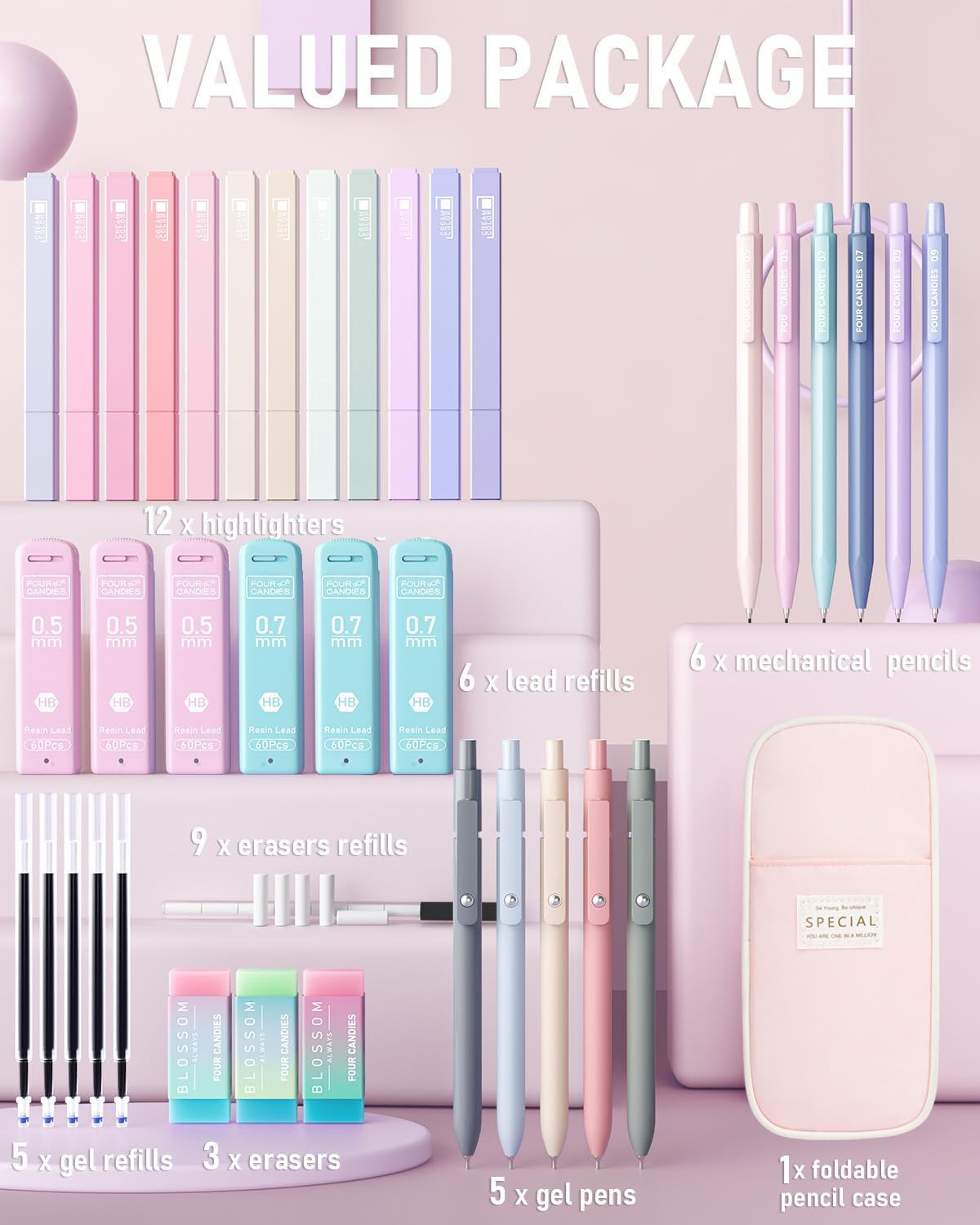 39 PCS Aesthetic School Supplies with Cute Pen Case, 12 Pastel Highlighters, 5 B
