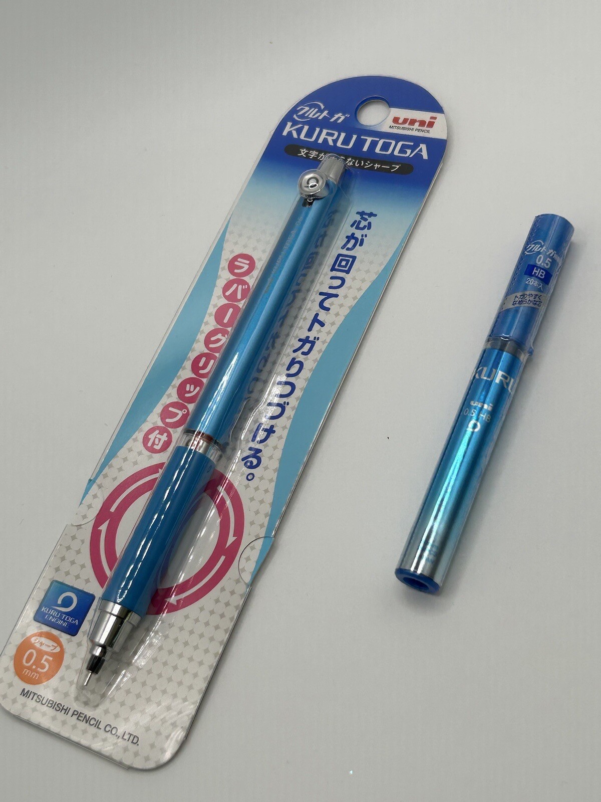 uni kurutoga mechanical pencil with rubber grip 0.5 mm blue AND lead refills HB