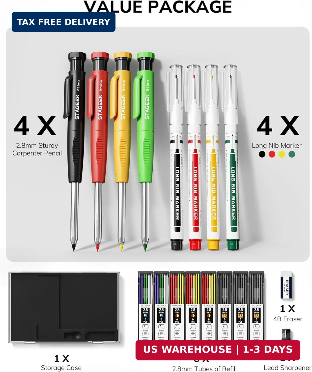 STAGEEK 4PCS Carpenter Pencils with Sharpener, Heavy Duty Woodworking Pencils, M