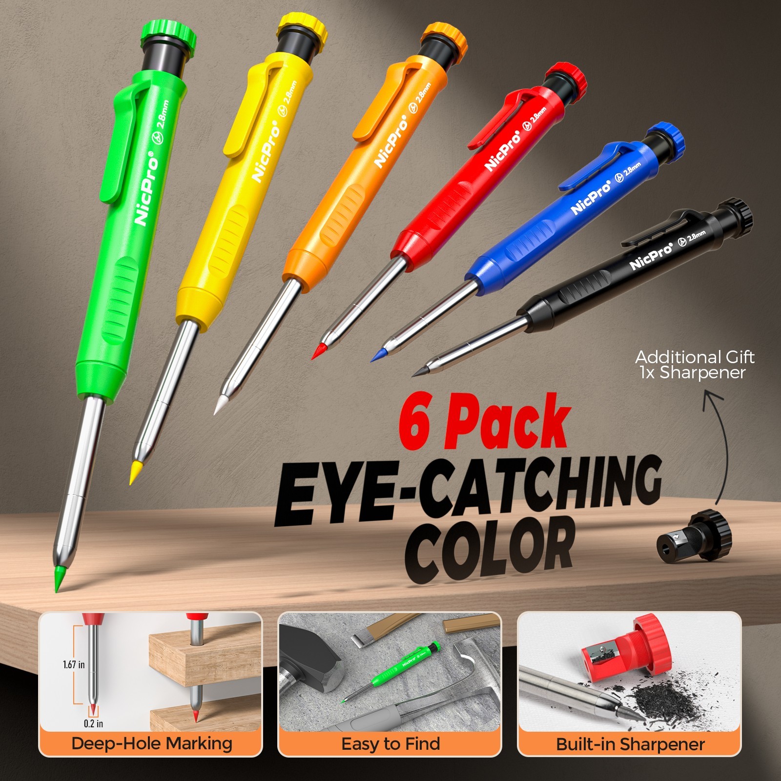 Nicpro 6 Pack CP1000 Carpenter Pencils with Sharpener, Mechanical Pencil Set