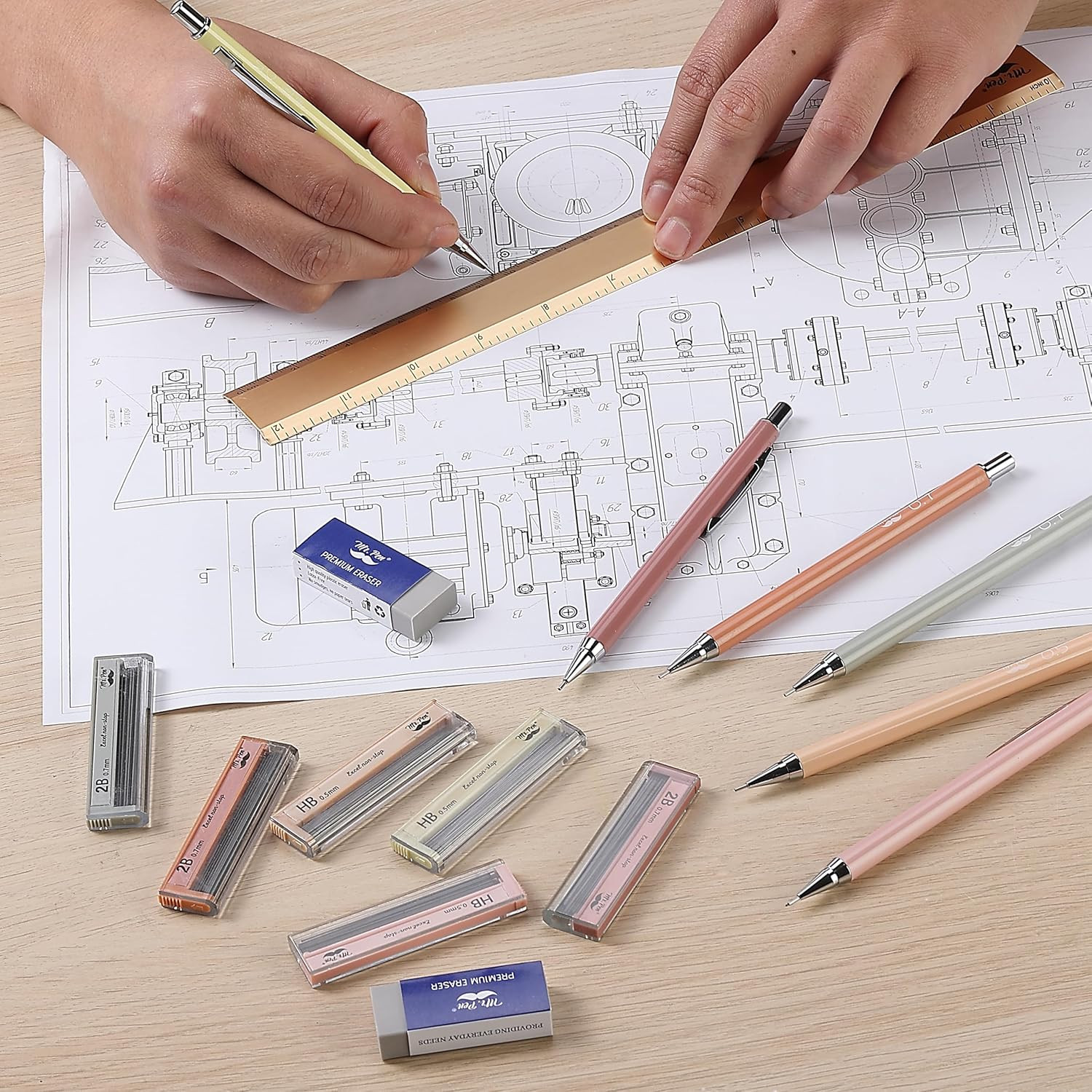 – Mechanical Pencil Set with Lead and Erasers Refills, 6 Pack, Boho Theme, 0.5Mm