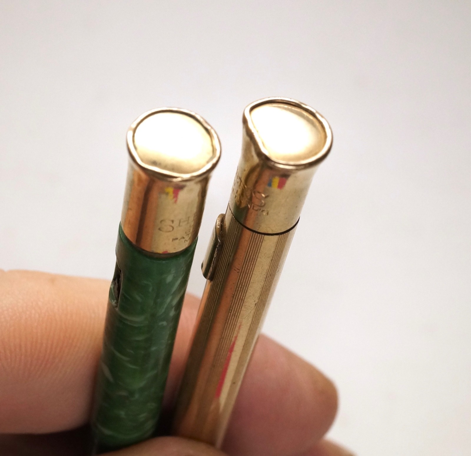 Sheaffer 1920s Crown Top Pencils, Lot of 2, Jade Green, Gold Filled For Parts