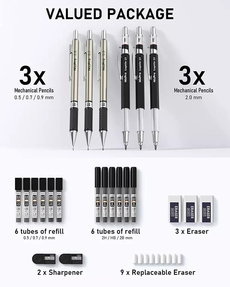 Nicpro 6PCS Art Mechanical Pencil Set, 3PCS Metal Drafting Pencil 0.5 Mm & 0.7 M